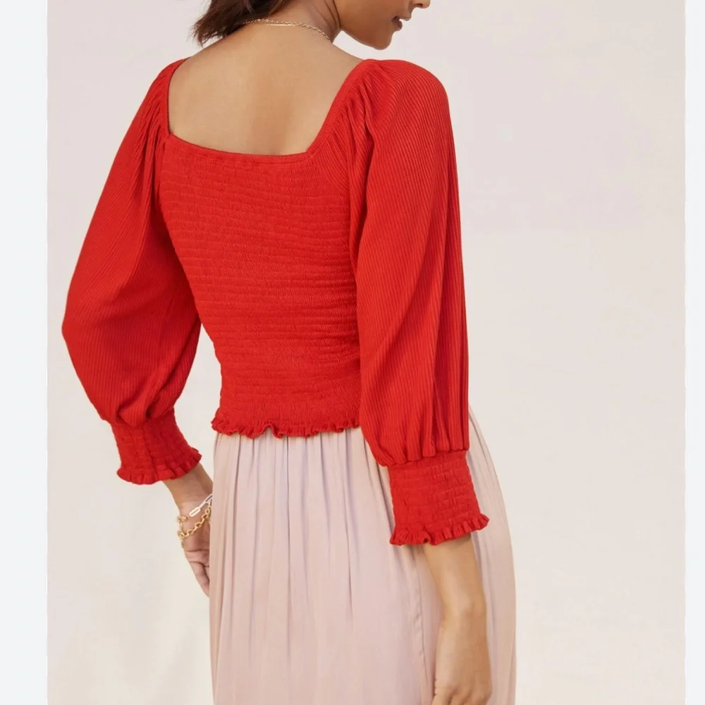 NEW Anthropologie Red smocked long sleeve top